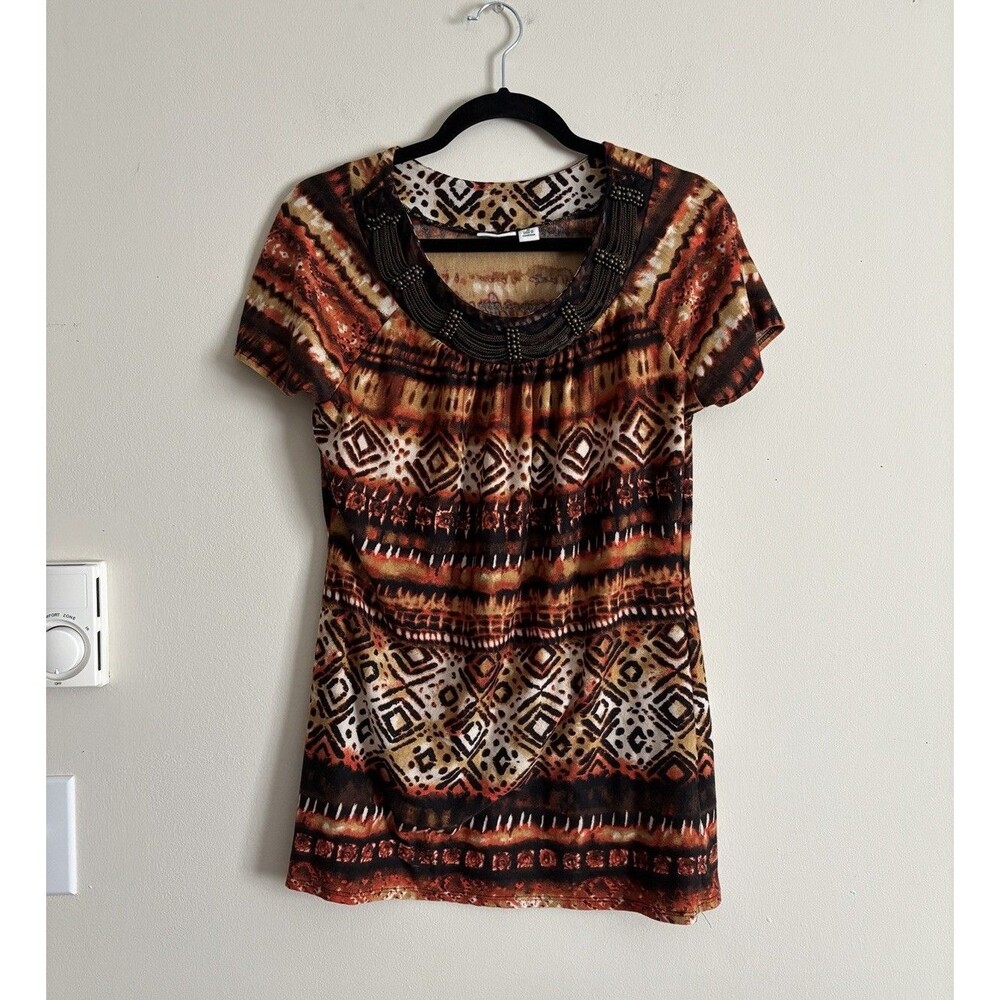 VTG CATO Womens Medium Y2K 90s 2000s Animal Print Beaded Chain Top Summer Club